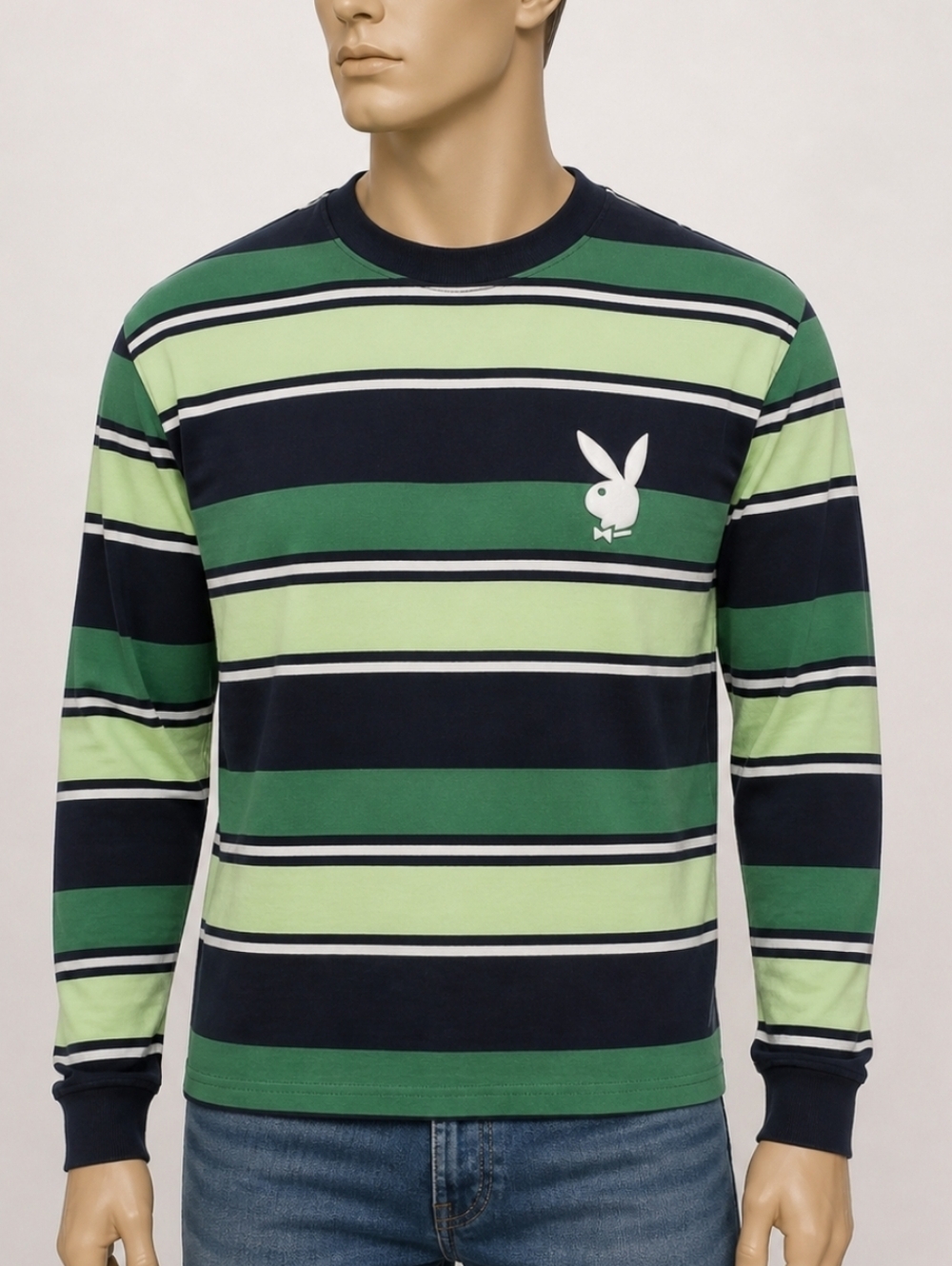 Playboy by PacSun Striped Long Sleeve Tee Shirt Men M Green Bunny Logo